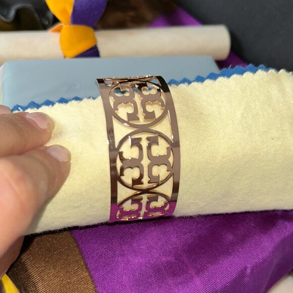 Tory Burch Rose Gold T Logo Wide Open Cuff Bracelet - Picture 3 of 8